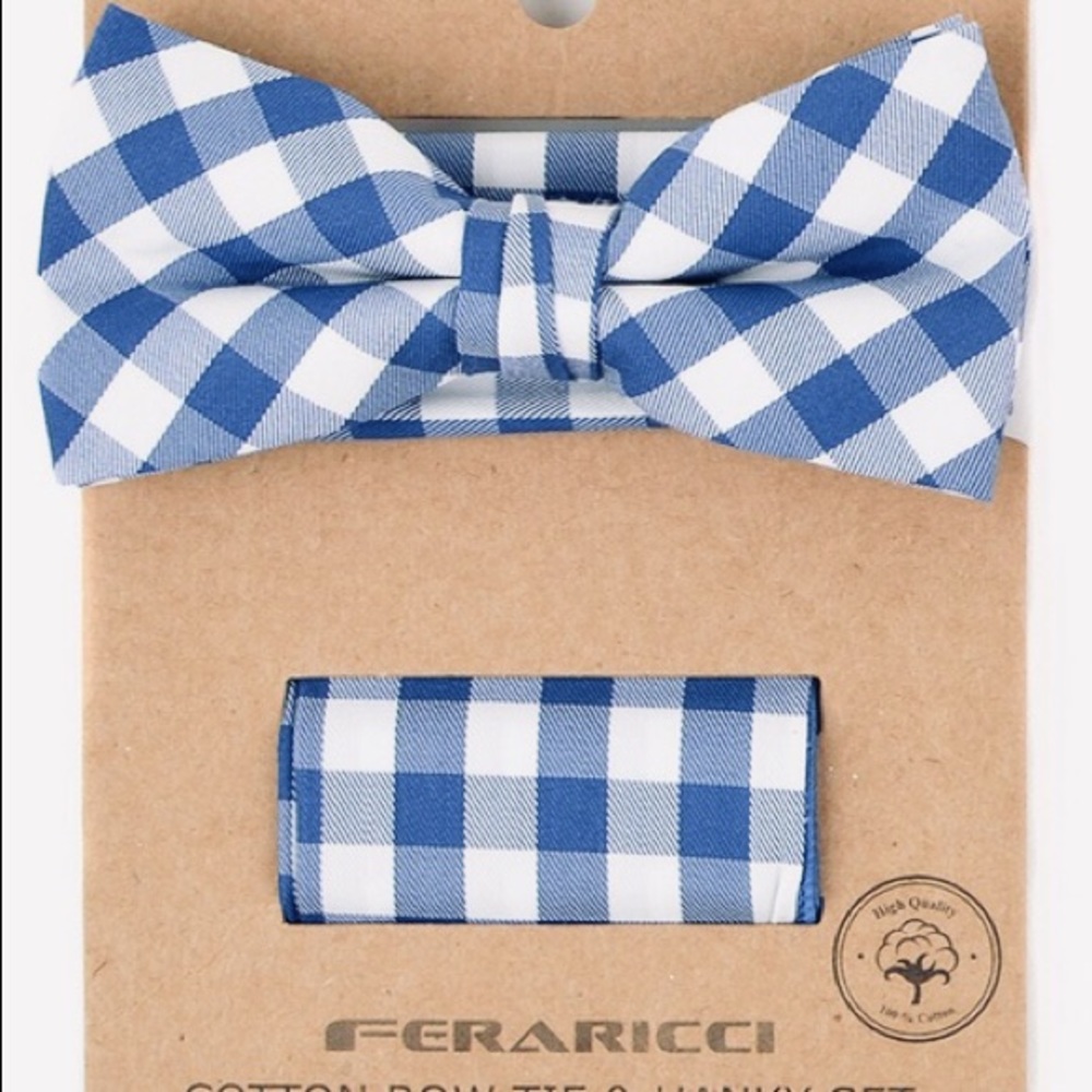 Men’s Boys Blue Check Bow Tie Handkerchief Set NEW